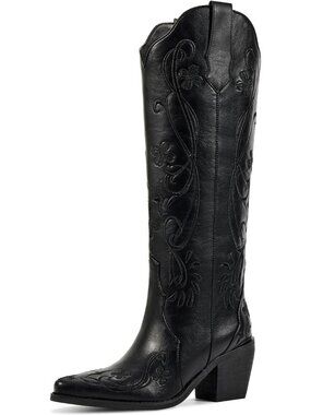 Women's Knee High Cowgirl Boots Western Boots with Pointed Toe Black Floral